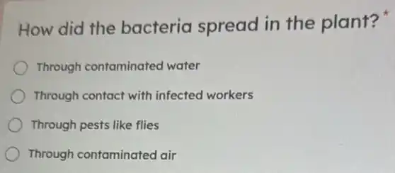 How did the bacteria spread in the plant?
Through contaminated water
Through contact with infected workers
Through pests like flies
Through contaminated air