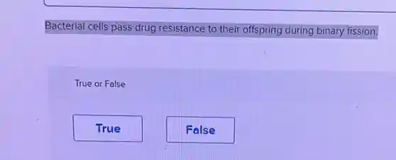 Bacterial cells pass drug resistance to their offspring during binary fission.
True or False
True
False