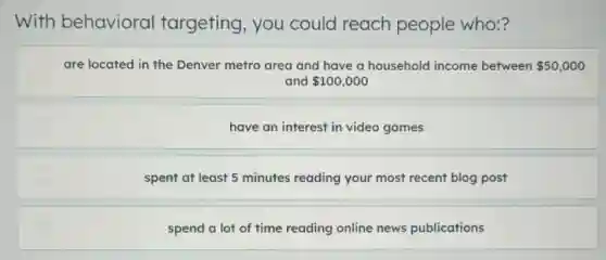 With behavioral targeting, you could reach people who:?
are located in the Denver metro area and have a household income between 50,000
and 100,000
have an interest in video games
spent at least 5 minutes reading your most recent blog post
spend a lot of time reading online news publications