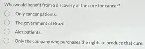 Who would benefit from a discovery of the cure for cancer?
Only cancer patients.
The government of Brazil.
Aids patients.
Only the company who purchases the rights to produce that cure.