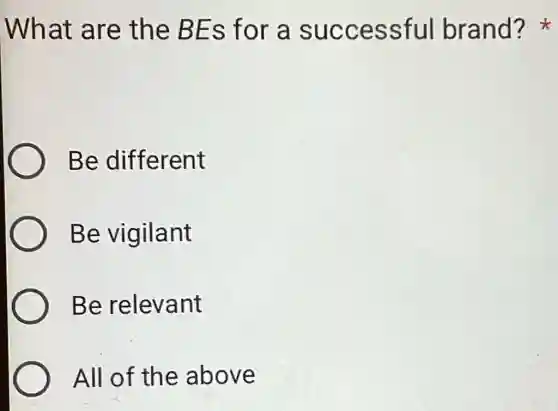 What are the BEs for a successful brand?
Be different
Be vigilant
Be relevant
All of the above