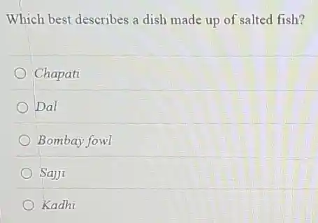 Which best describes a dish made up of salted fish?
Chapati
Dal
Bombay fowl
Sajji
Kadhi
