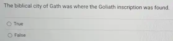 The biblical city of Gath was where the Goliath inscription was found.
True
False
