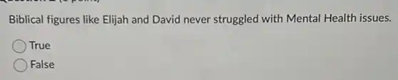 Biblical figures like Elijah and David never struggled with Mental Health issues.
True
False