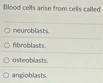 Blood cells arise from cells called
neuroblasts.
fibroblasts.
osteoblasts.
angioblasts.