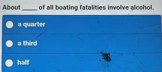 About __ of all boating fatalities involve alcohol.
a quarter
a third
half