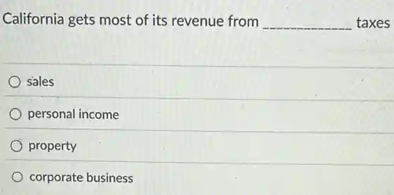 California gets most of its revenue from __ taxes
sales
personal income
property
corporate business
