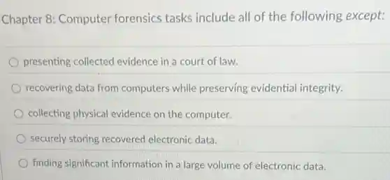 Chapter 8: Computer forensics tasks include all of the following except:
presenting collected evidence in a court of law.
recovering data from computers while preserving evidential integrity.
collecting physical evidence on the computer.
securely storing recovered electronic data.
finding significant information in a large volume of electronic data.