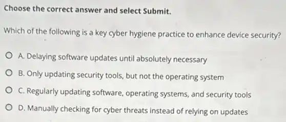 Choose the correct answer and select Submit.
Which of the following is a key cyber hygiene practice to enhance device security?
A. Delaying software updates until absolutely necessary
B. Only updating security tools, but not the operating system
C. Regularly updating software, operating systems and security tools
D. Manually checking for cyber threats instead of relying on updates