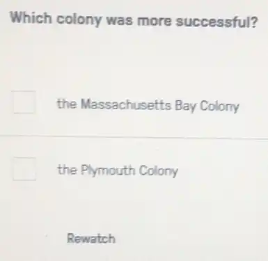 Which colony was more successful?
the Massachusetts Bay Colony
the Plymouth Colony
Rewatch