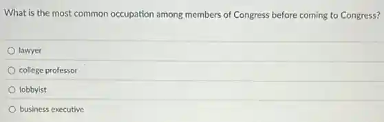 What is the most common occupation among members of Congress before coming to Congress?
lawyer
college professor
lobbyist
business executive