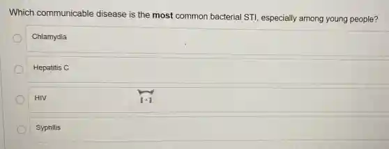 Which communicable disease is the most common bacterial STI especially among young people?
Chlamydia
Hepatitis C
HIV
Syphilis