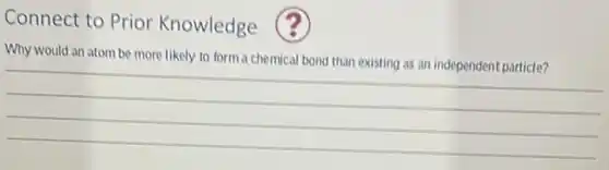Connect to Prior Knowledge
Why would an atom be more likely to form a chemical bond than existing as an independent particle?
__