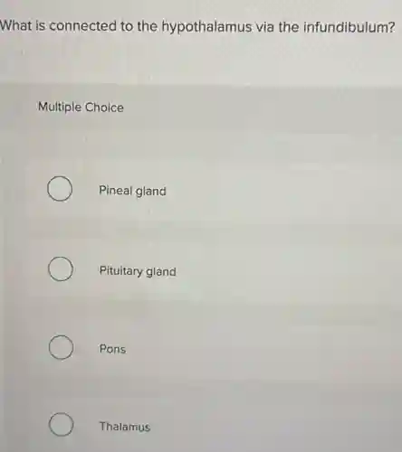 What is connected to the hypothalamus via the infundibulum?
Multiple Choice
Pineal gland
Pituitary gland
Pons
Thalamus