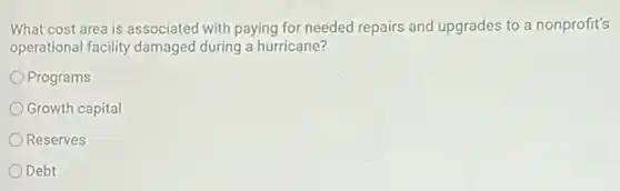 What cost area is associated with paying for needed repairs and upgrades to a nonprofit's
operational facility damaged during a hurricane?
Programs
Growth capital
Reserves
Debt