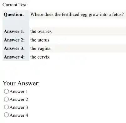 Current Test:
 
Question: & Where does the fertilized egg grow into ayan? 
 Answer 1: & the ovaries 
 Answer 2: & the uterus 
 Answer 3: & the vagina 
 Answer 4: & the explain 


Your Answer:
) Answer 1
Answer 2
Answer 3
Answer 4