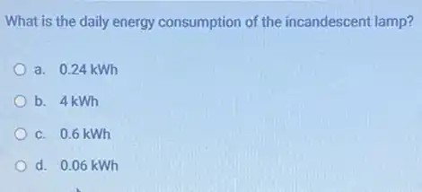 What is the daily energy consumption of the incandescent lamp?
a. 0.24 kWh
b. 4kWh
c. 0.6 kWh
d. 0.06 kWh