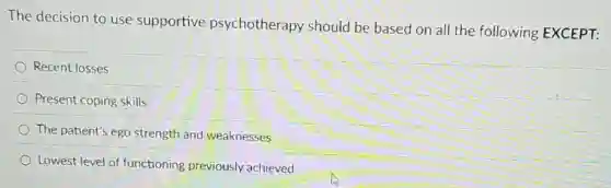 The decision to use supportive psychotherapy should be based on all the following EXCEPT:
Recent losses
Present coping skills
The patient's ego strength and weaknesses
Lowest level of functioning previously achieved
