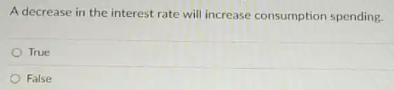 A decrease in the interest rate will increase consumption spending.
True
False