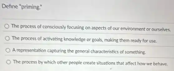 Define "priming."
The process of consciously focusing on aspects of our environment or ourselves.
The process of activating knowledge or goals, making them ready for use.
A representation capturing the general characteristics of something.
The process by which other people create situations that affect how we behave.