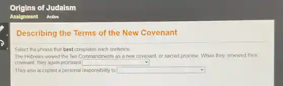 Describing the Terms of the New Covenant
Select the phrase that best completes each sentence.
The Hebrews viewed the Ten Commandments as a new covenant, or sacred promise. When they renewed their
covenant, they again promised square
They also accepted a personal responsibility to square