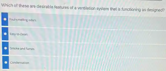 Which of these are desirable features of a ventilation system that is functioning as designed?
Foul-smelling odors
Easy to clean
Smoke and fumes
Condensation