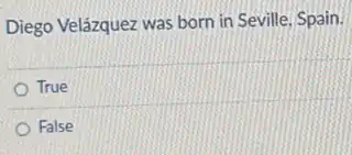 Diego Velázquez was born in Seville, Spain.
True
False
