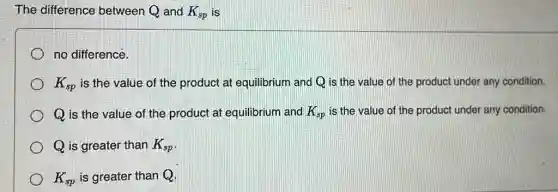The difference between Q and K_(sp) is
no differencé.
K_(sp) is the value of the product at equilibrium and Q is the value of the product under any condition.
Q is the value of the product at equilibrium and K_(sp) is the value of the product under any condition.
Q is greater than K_(sp)
K_(sp) is greater than Q.