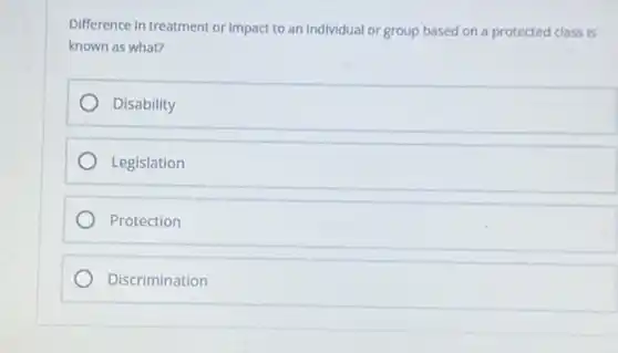Difference in treatment or Impact to an Individual or group based on a protected class is
known as what?
Disability
Legislation
Protection
Discrimination