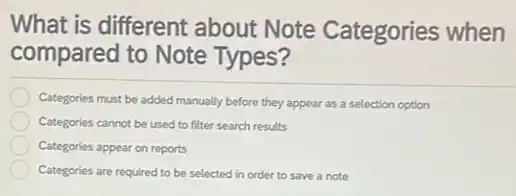 What is different about Note Categories when
compared to Note Types?
Categories must be added manually before they appear as a selection option
Categories cannot be used to filter search results
Categories appear on reports
Categories are required to be selected in order to save a note