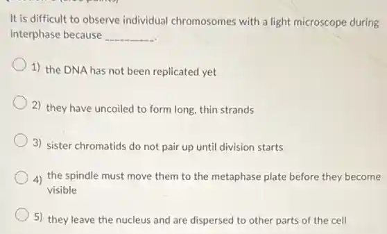 It is difficult to observe individual chromosomes with a light microscope during
interphase because __
1) the DNA has not been replicated yet
2) they have uncoiled to form long, thin strands
3) sister chromatids do not pair up until division starts
4) the spindle must move them to the metaphase plate before they become
visible
5) they leave the nucleus and are dispersed to other parts of the cell