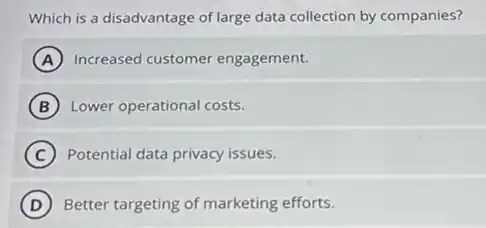 Which is a disadvantage of large data collection by companies?
A Increased customer engagement.
B Lower operational costs.
C Potential data privacy issues.
D Better targeting of marketing efforts.
