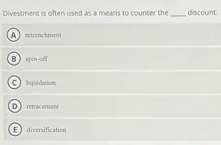 Divestment is often used as a means to counter the __ discount.
A retrenchment
B spin-off
C liquidation
D retracement
E diversification