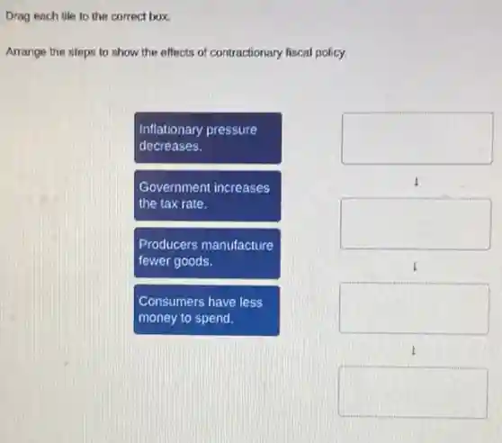 Drag
Arrange the steps to show the effects of contractionary fiscal policy.
Inflationary pressure
decreases.
Government increases
the tax rate.
Producers manufacture
fewer goods.
Consumers have less
money to spend.
square
square
1
square
square