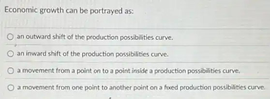 Economic growth can be portrayed as:
an outward shift of the production possibilities curve.
an inward shift of the production possibilities curve.
a movement from a point on to a point inside a production possibilities curve.
a movement from one point to another point on a fixed production possibilities curve.