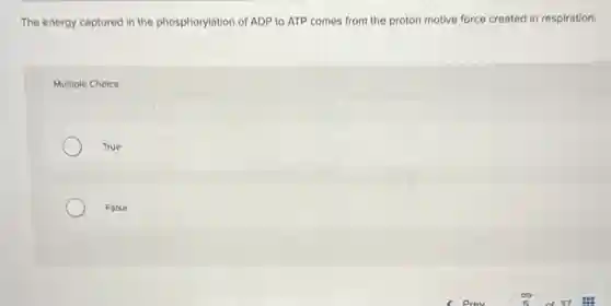 The energy captured in the phosphorylation of ADP to ATP comes from the proton motive force created in respiration.
Multiple Choice
True
False
