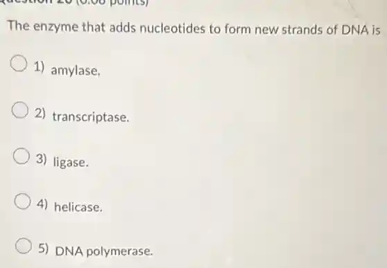 The enzyme that adds nucleotides to form new strands of DNA is
1) amylase.
2) transcriptase.
3) ligase.
4) helicase.
5) DNA polymerase.