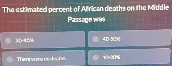 The estimated percent of African deaths on the Middle
Passage was
30-40% 
40-50% 
There were no deaths.
10-20%