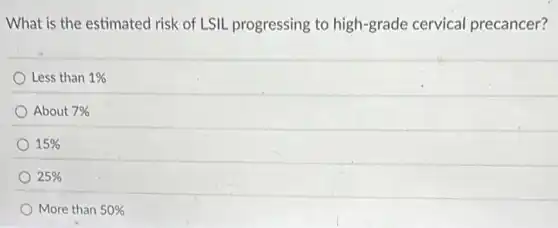 What is the estimated risk of LSIL progressing to high-grade cervical precancer?
Less than 1% 
About 7% 
15% 
25% 
More than 50%