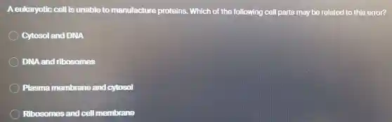 A eukaryotic cell is unable to manufacture proteins. Which of the following cell parts may be related to this error?
Cytosol and DNA
DNA and ribosomes
Plasma membrane and cytosol
Ribosomes and cell membrane