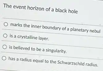 The event horizon of a black hole
marks the inner boundary of a planetary nebul
is a crystalline layer.
is believed to be a singularity.
has a radius equal to the Schwarzschild radius.
