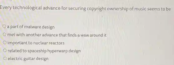 Every technological advance for securing copyright ownership of music seems to be
a part of malware design
met with another advance that finds a waw around it
important.to nuclear reactors
related to spaceship hyperwarp design
electric guitar design