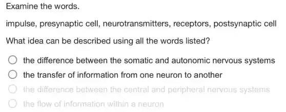 Examine the words.
impulse presynaptic cell , neurotransmitters , receptors postsynaptic : cell
What idea can be described using all the words listed?
the difference between the somatic and autonomic ; nervous systems
the transfer of information from one neuron to another
the difference between the central and peripheral ne us systems nervous
the flow of information within a neuron