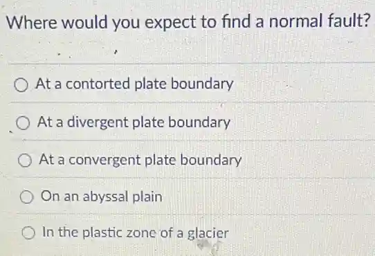 Where would you expect to find a normal fault?
At a contorted plate boundary
At a divergent plate boundary
At a convergent plate boundary
On an abyssal plain
In the plastic zone of a glacier