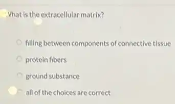 What is the extracellular matrix?
filling between components of connective tissue
protein fibers
ground substance
all of the choices are correct