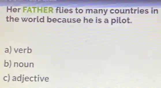 Her FATHER flies to many countries in
the world because he is a pilot.
a) verb
b) noun
c) adjective
