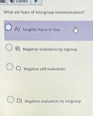 What are fears of intergroup communication?
A) Tangible harm or loss
B) Negative evaluation by ingroup
C) Negative self-evaluation
D) Negative evaluation by outgroup