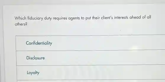 Which fiduciary, duty requires agents to put their client's interests ahead of all
others?