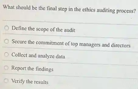What should be the final step in the ethics auditing process?
Define the scope of the audit
Secure the commitment of top managers and directors
Collect and analyze data
Report the findings
Verify the results