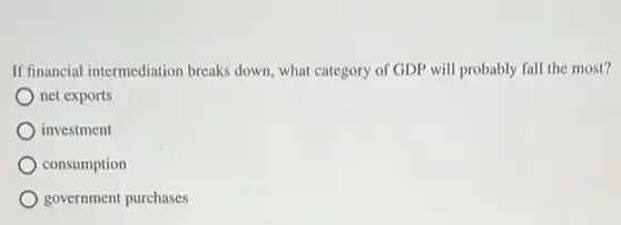 If financial intermediation breaks down, what category of GDP will probably fall the most?
net exports
investment
consumption
government purchases